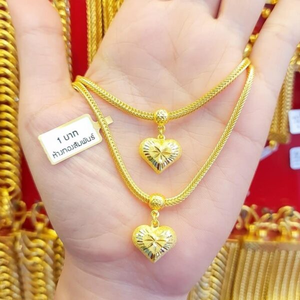 23K Gold Chain 15,2g (1 Baht) Snake Link with carved heart pendant, Model 3031.