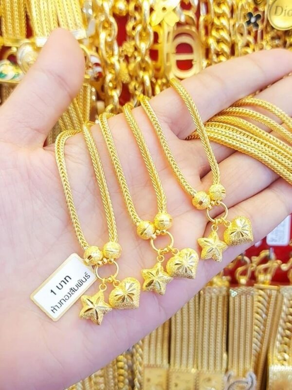 23K Thailand Gold Star & Heart Gold Chain Necklace, Thailand Gold Chain.