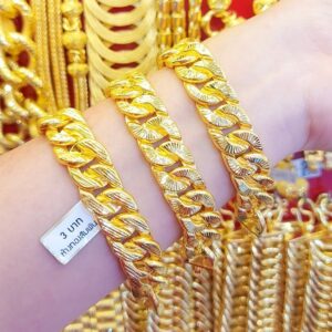 23K Gold Chain Bracelet 3 Baht (45,6g) Thick Faceted Link Design, Thailand Gold Jewelry (Model 3084)
