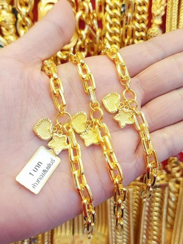 23K Pure Thailand Gold Square Chain Hearth & Star Bracelet - Image 3