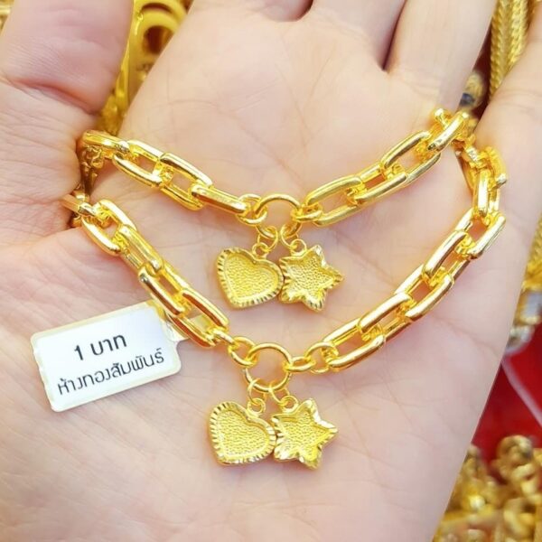 23K Pure Thailand Gold Square Chain Hearth & Star Bracelet - Image 2