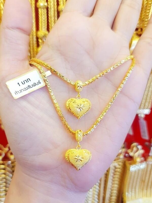 23K Thailand Gold Chain Square Pattern with Heart Pendant