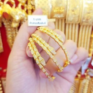 23K Gold Bangle 1 Baht (15,2g) Snake Link design with clear stones, Thailand Gold Jewelry