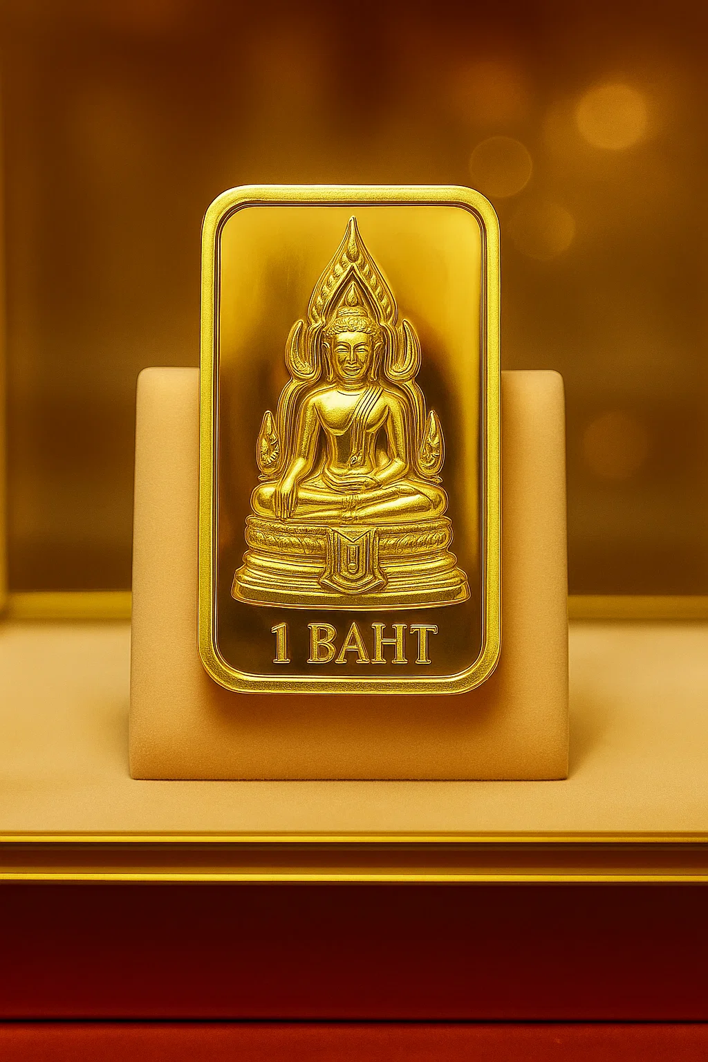 Certified 96.5% (23k) gold bullion bar displayed in a clear protective case on a velvet jewelry stand.