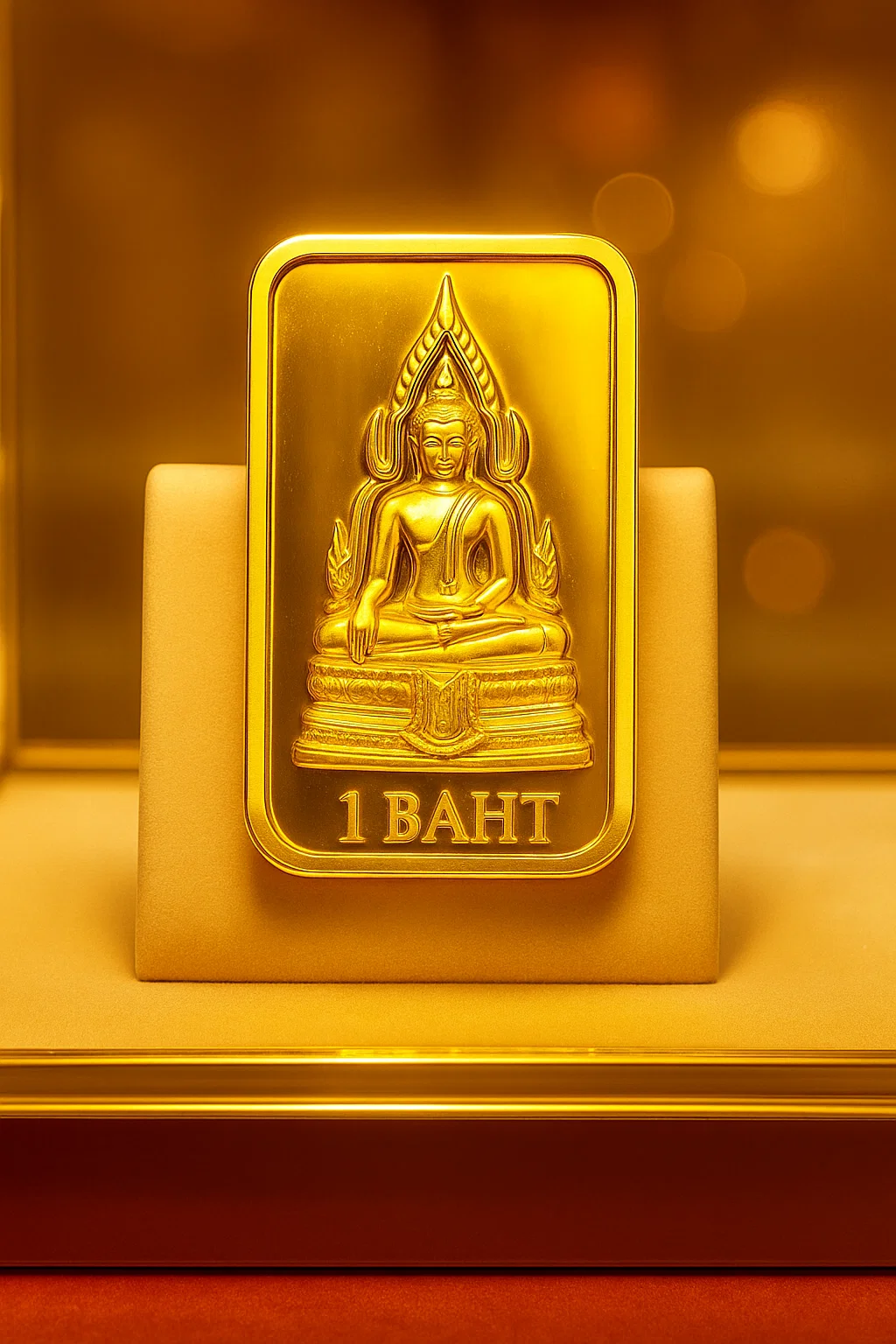 Certified 96.5% (23k) gold bullion bar displayed in a clear protective case on a velvet jewelry stand.