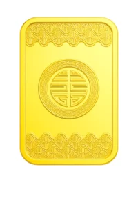 3D representation of a polished, rectangular 15-gram 23K Gold Bar, engraved with the Chinese Fu symbol (Luck/Blessing) in a traditional Asian design.