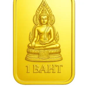 23K Thai Gold Bullion Bar (1 Baht) with detailed Meditating Buddha design, displayed in a case.