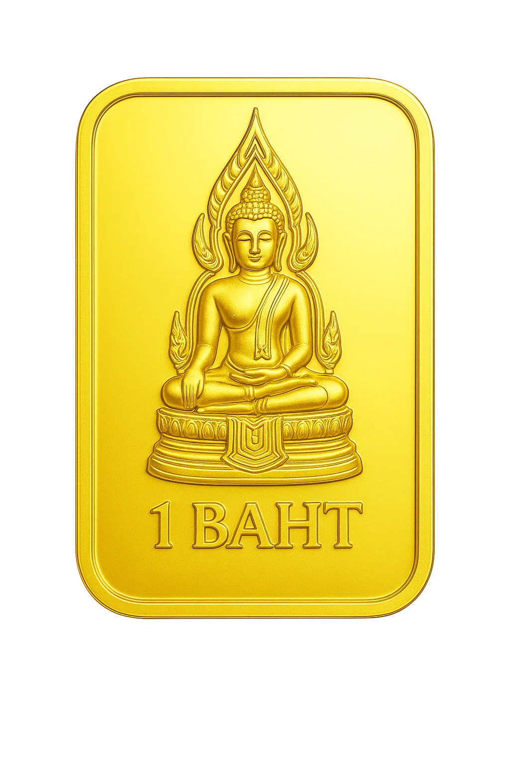 23K Thai Gold Bullion Bar (1 Baht) with detailed Meditating Buddha design, displayed in a case.