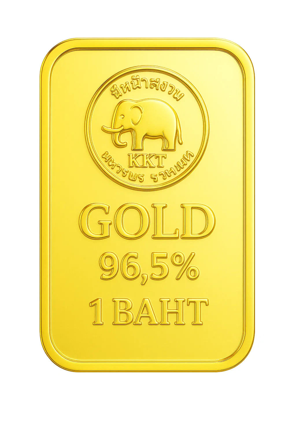 Certified 1 Baht 23K Gold Bullion bar showing 96.5% purity stamp.