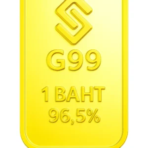 G99 Branded 23K Thai Gold Bullion Bar in a display case for investment purposes.