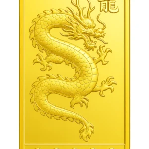Close-up of the 23K Gold Bullion bar (1 Baht weight) featuring the powerful Dragon Head design amidst auspicious clouds, symbolizing immense prosperity.