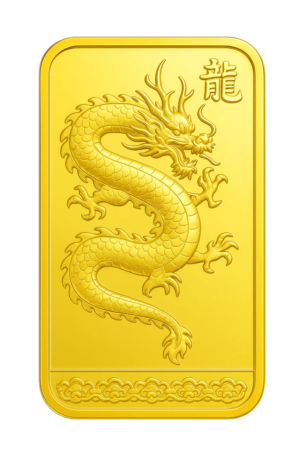 Close-up of the 23K Gold Bullion bar (1 Baht weight) featuring the powerful Dragon Head design amidst auspicious clouds, symbolizing immense prosperity.