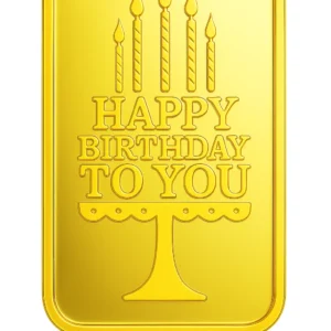 Close-up of the 23K Gold Bullion bar (1 Baht weight) featuring the "Happy Birthday To You" text and birthday candles design, perfect for gifting.