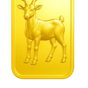 Close-up of the 15.2 gram 23K Gold Bullion bar featuring the traditional Goat symbol, representing investment growth and value.