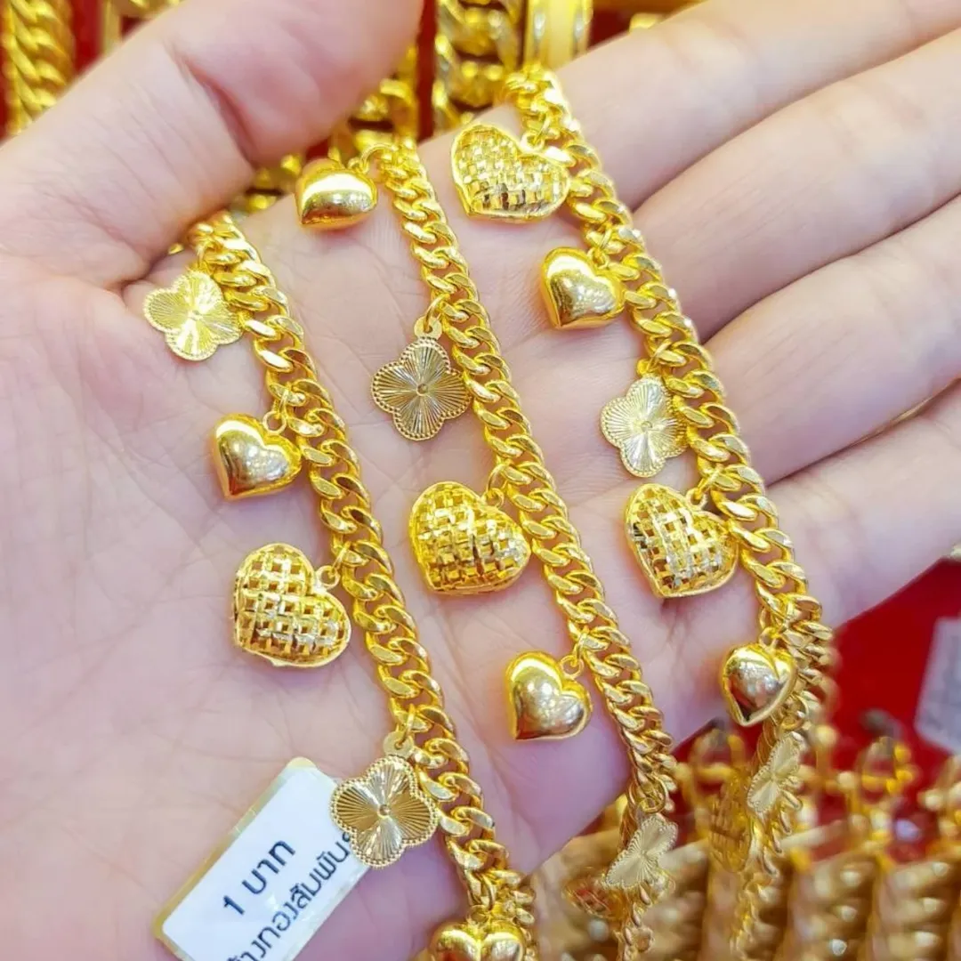 23K Gold Bracelet - 15.2g (1 Baht) Heart & Clover Charms (Model 3181) - Image 3