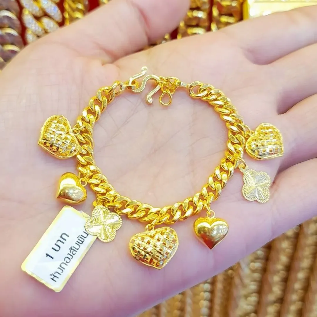 23K Gold Bracelet - 15.2g (1 Baht) Heart & Clover Charms (Model 3181) - Image 2
