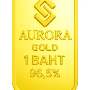 Aurora 23K Gold Bullion Bar (15.2g) showing 96.5% purity stamp and company logo.