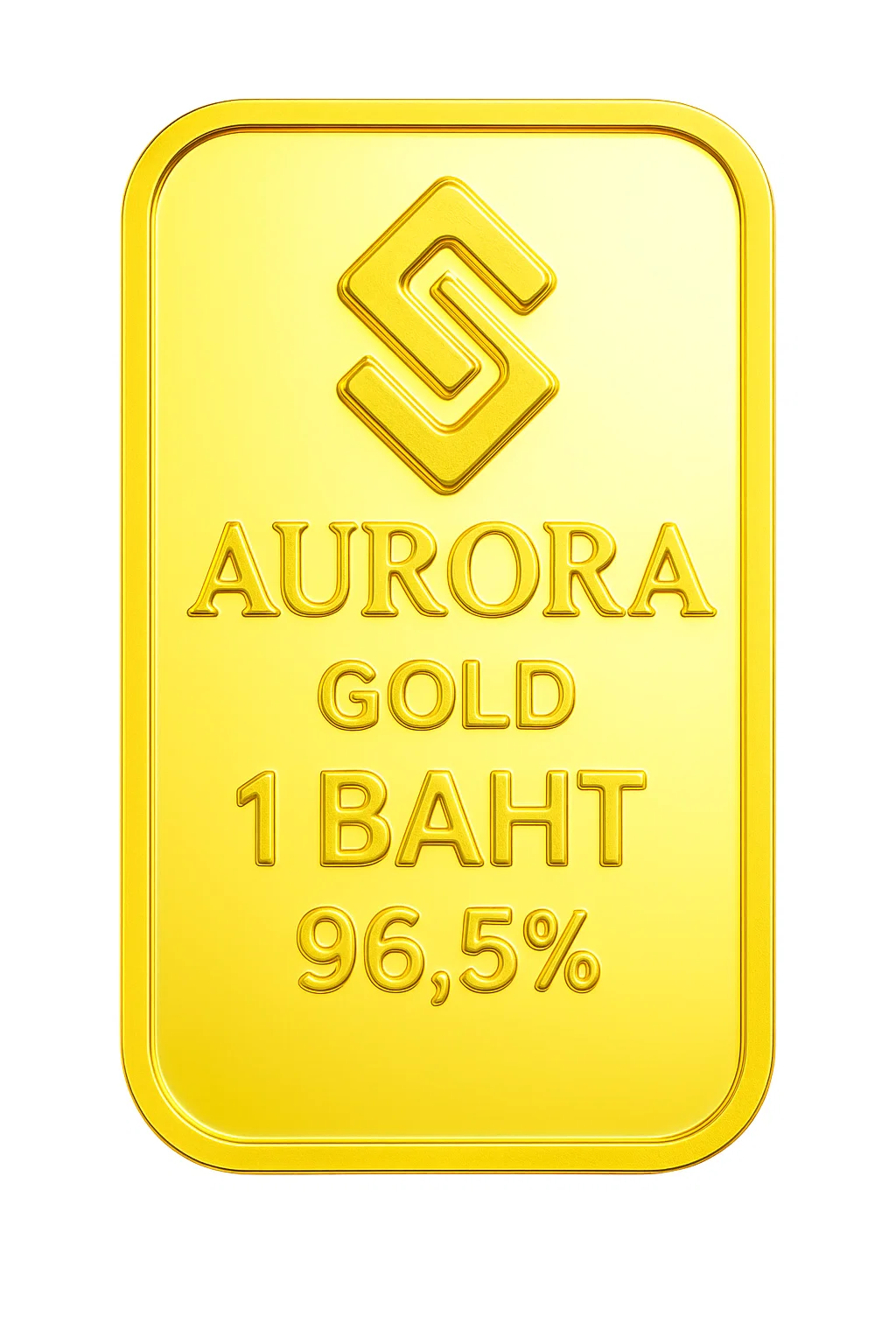 Aurora 23K Gold Bullion Bar (15.2g) showing 96.5% purity stamp and company logo.